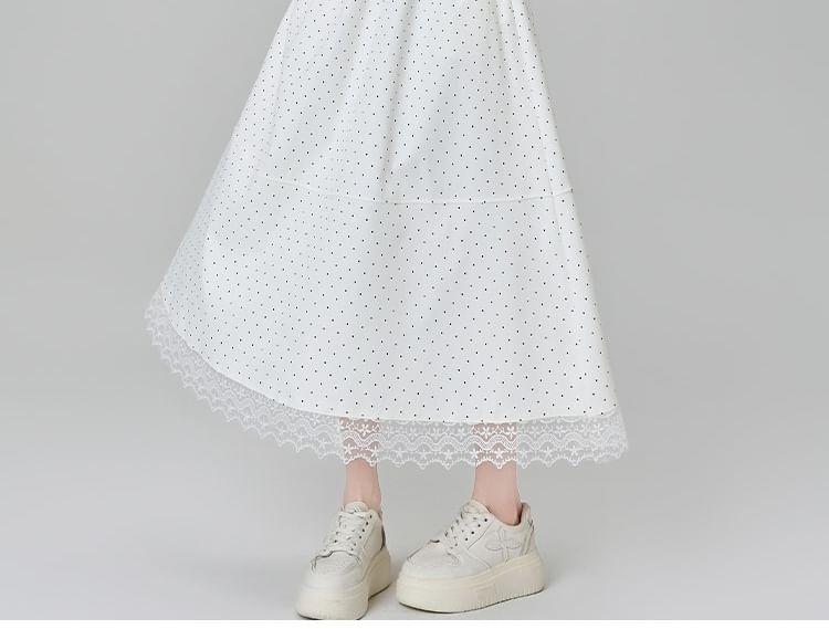 Midi Lace Panel Dotted High A-Line Skirt Waist