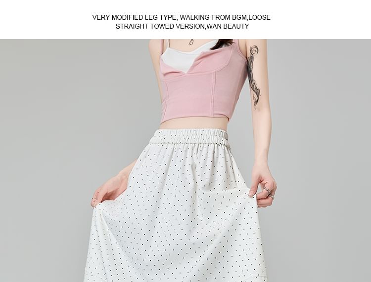 Midi Lace Panel Dotted High A-Line Skirt Waist
