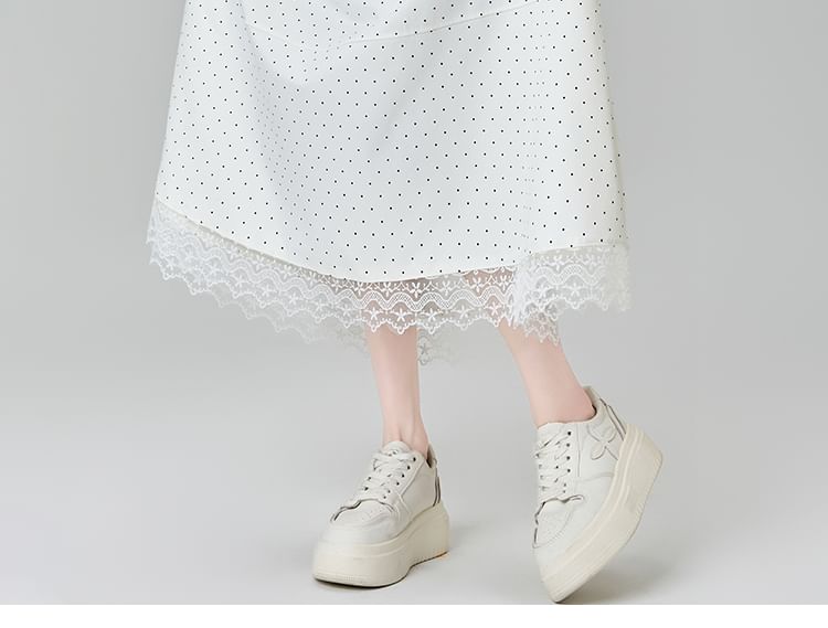 Midi Lace Panel Dotted High A-Line Skirt Waist