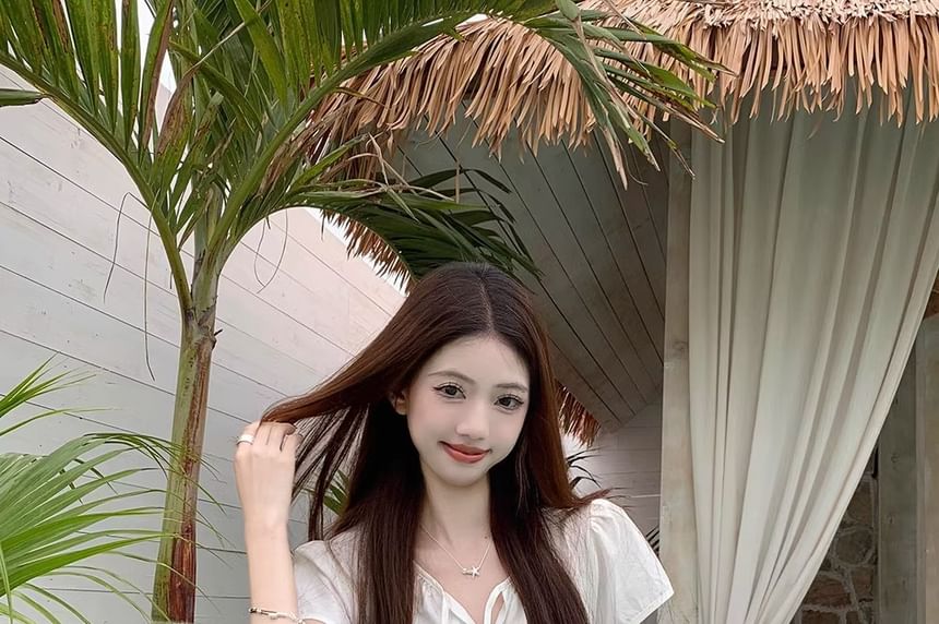 Neck Lace Tie Plain Notch Blouse Short-Sleeve Layered Front Panel