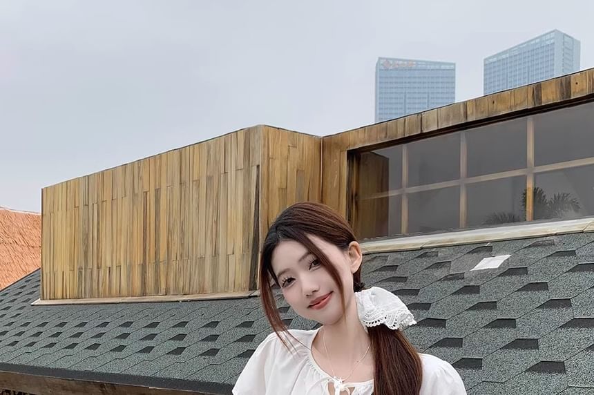 Neck Lace Tie Plain Notch Blouse Short-Sleeve Layered Front Panel