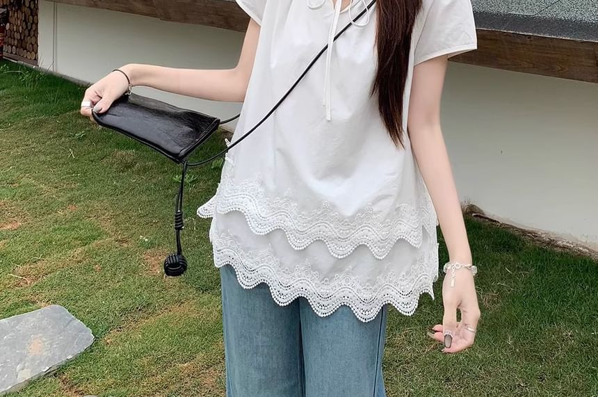 Neck Lace Tie Plain Notch Blouse Short-Sleeve Layered Front Panel