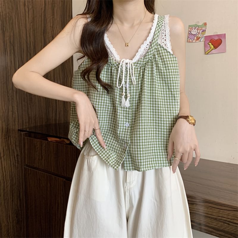 Two-Piece Crop Top Button-Up Panel Gingham Mock V-Neck Tank Lace