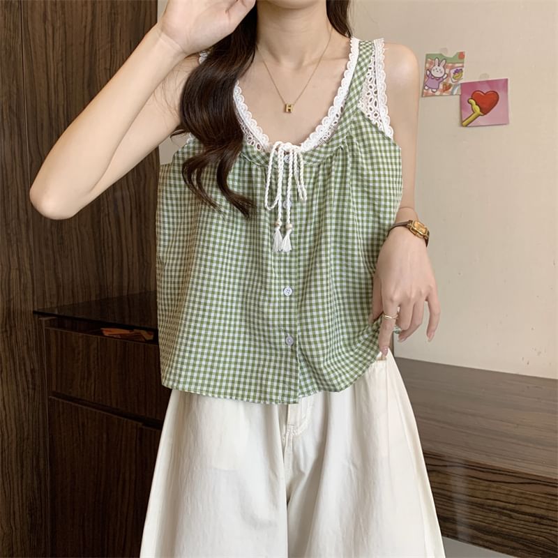 Two-Piece Crop Top Button-Up Panel Gingham Mock V-Neck Tank Lace