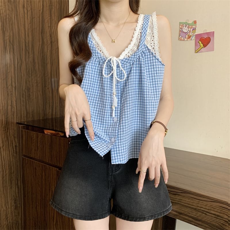 Two-Piece Crop Top Button-Up Panel Gingham Mock V-Neck Tank Lace