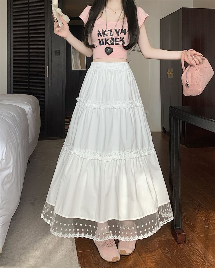 High Skirt Panel Midi Trim Lace Waist A-Line Frill