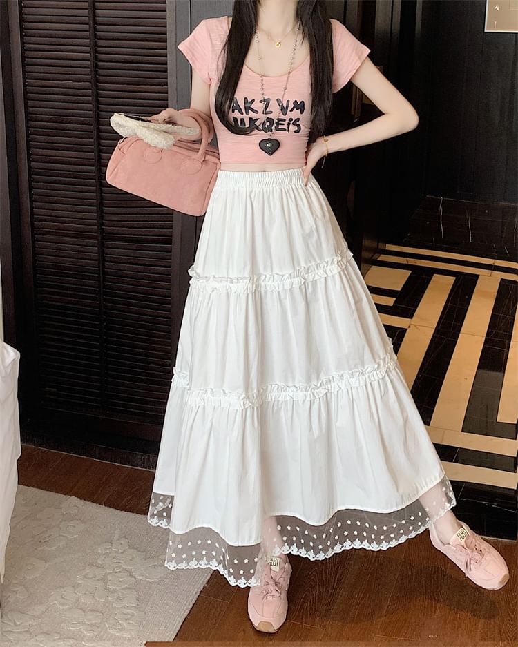 High Skirt Panel Midi Trim Lace Waist A-Line Frill