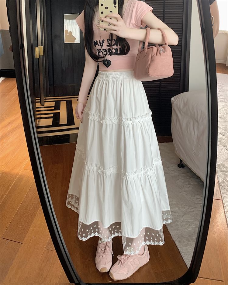 High Skirt Panel Midi Trim Lace Waist A-Line Frill