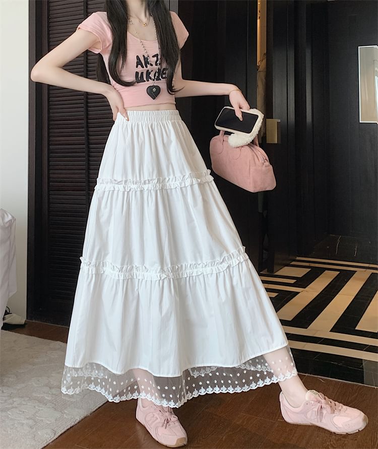 High Skirt Panel Midi Trim Lace Waist A-Line Frill