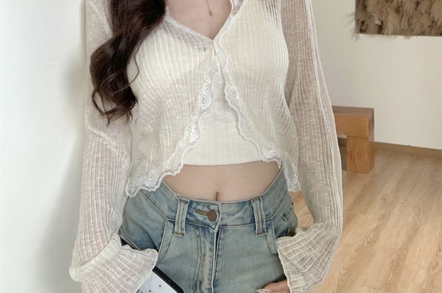 Lace Cardigan Plain One-Buttoned V-Neck Crop Sheer Trim