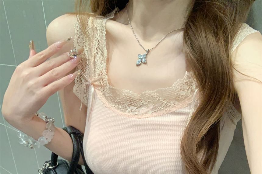 Lace Top Bow Neck Accent Panel Tank Scoop Crop Fit Slim