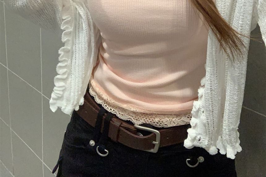 Lace Top Bow Neck Accent Panel Tank Scoop Crop Fit Slim