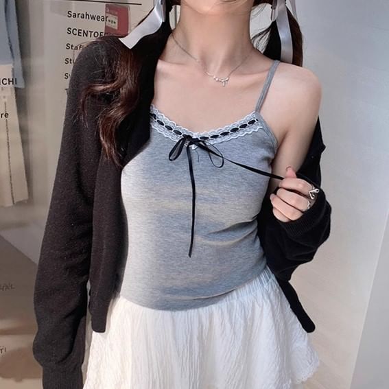 Trim Plain Crop Top Lace Accent Bow V-Neck Cami