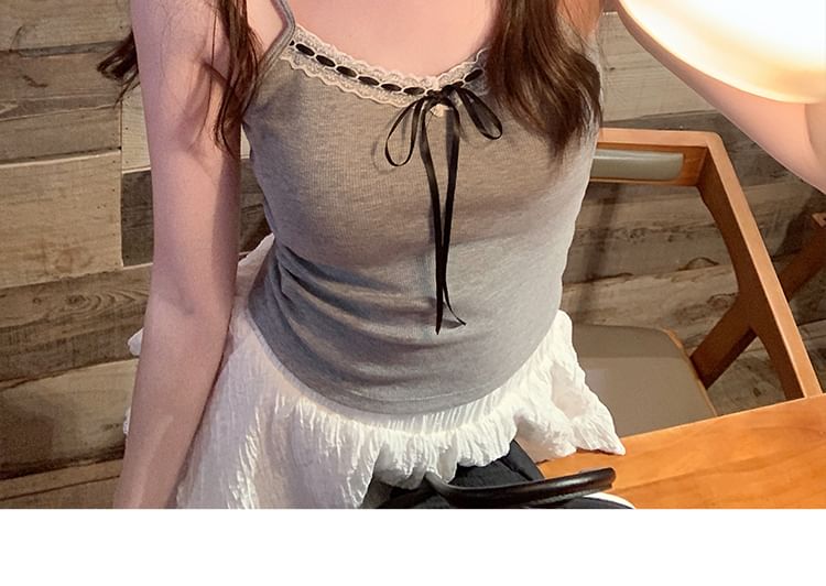 Trim Plain Crop Top Lace Accent Bow V-Neck Cami