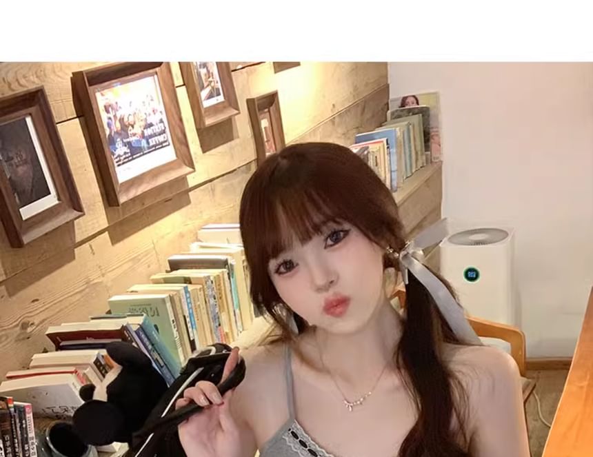 Trim Plain Crop Top Lace Accent Bow V-Neck Cami