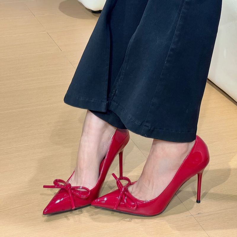 Leather Pointed Toe Bow Stiletto Patent Pumps