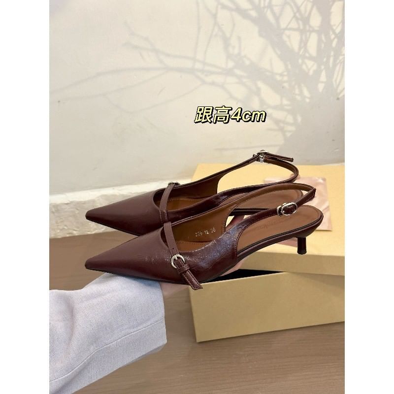 Kitten Toe Heel Pointed Slingback Buckled Pumps