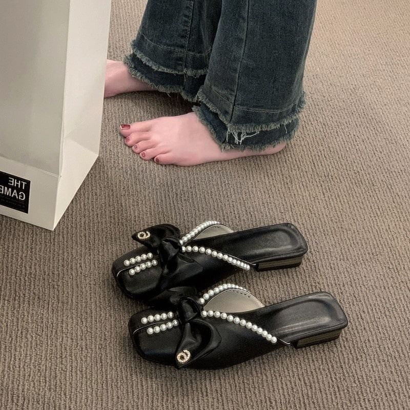 Mules Square Bow Faux Toe Pearl