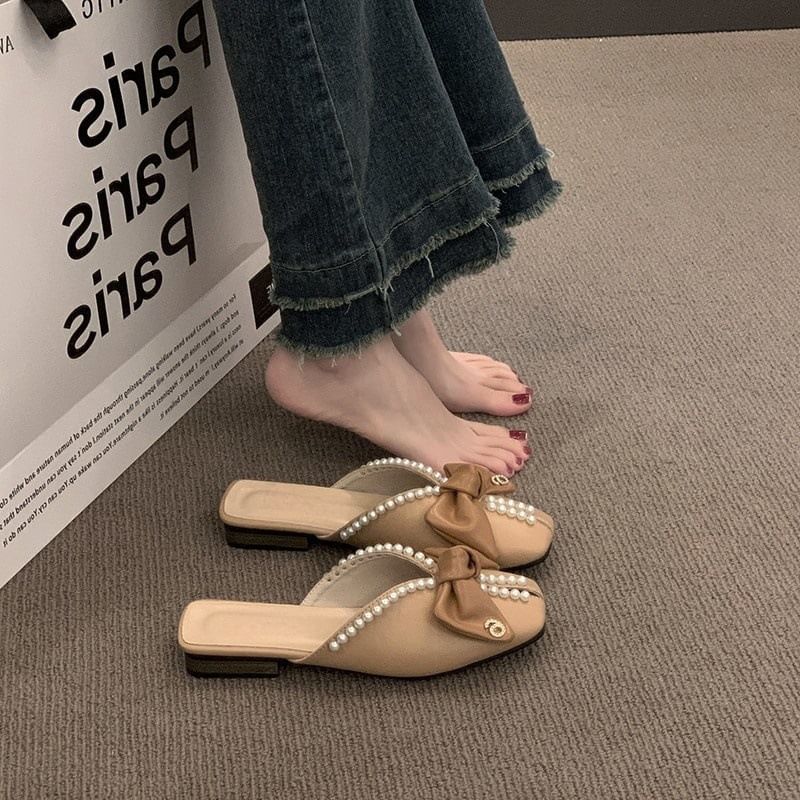 Mules Square Bow Faux Toe Pearl