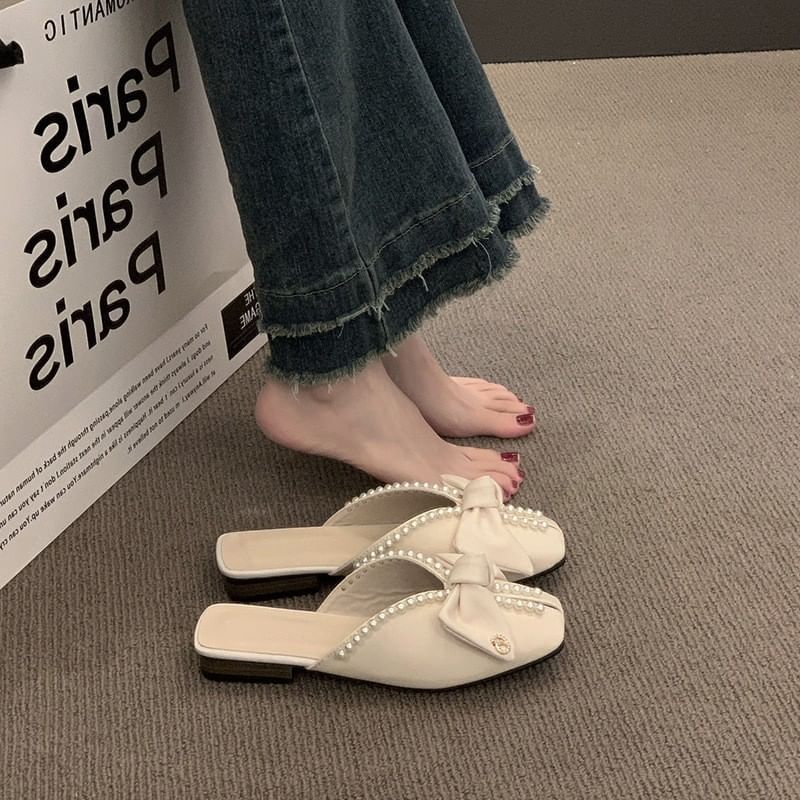 Mules Square Bow Faux Toe Pearl