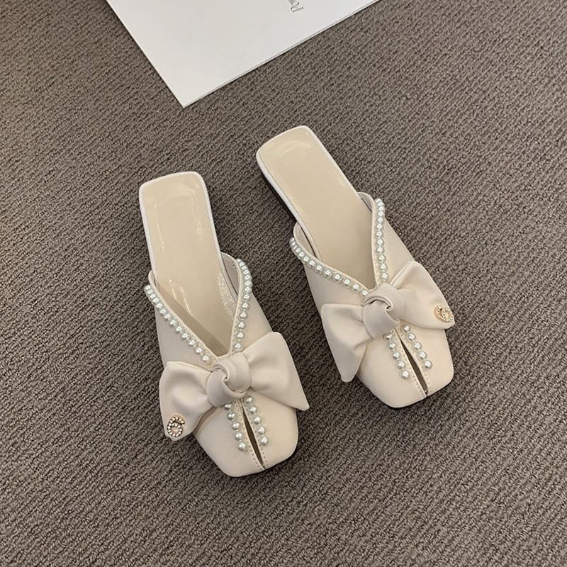 Mules Square Bow Faux Toe Pearl