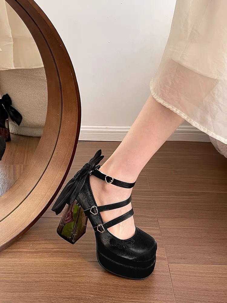 Floral Platform Heel Mary Bow Block Jane Pumps
