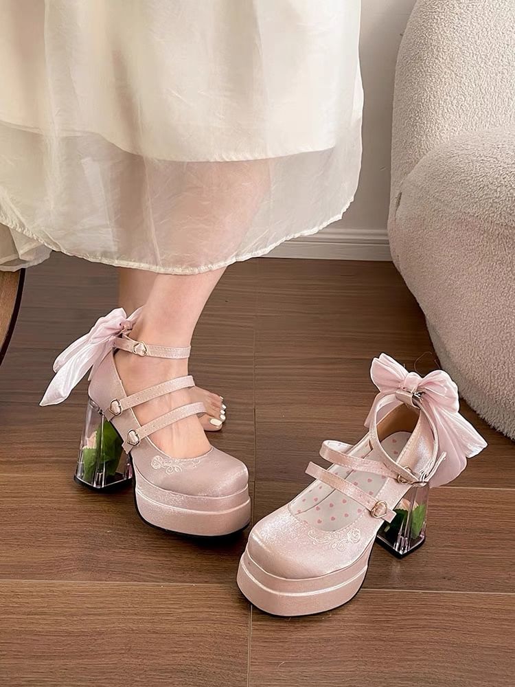 Floral Platform Heel Mary Bow Block Jane Pumps