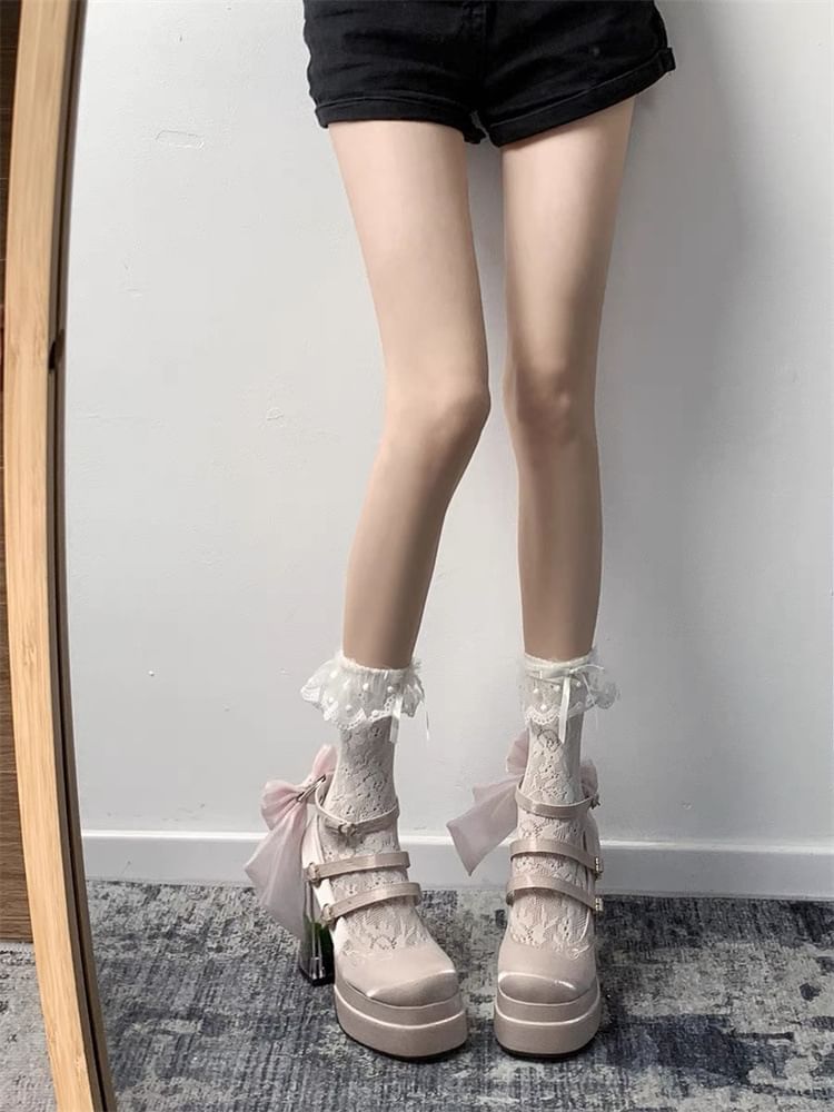 Floral Platform Heel Mary Bow Block Jane Pumps