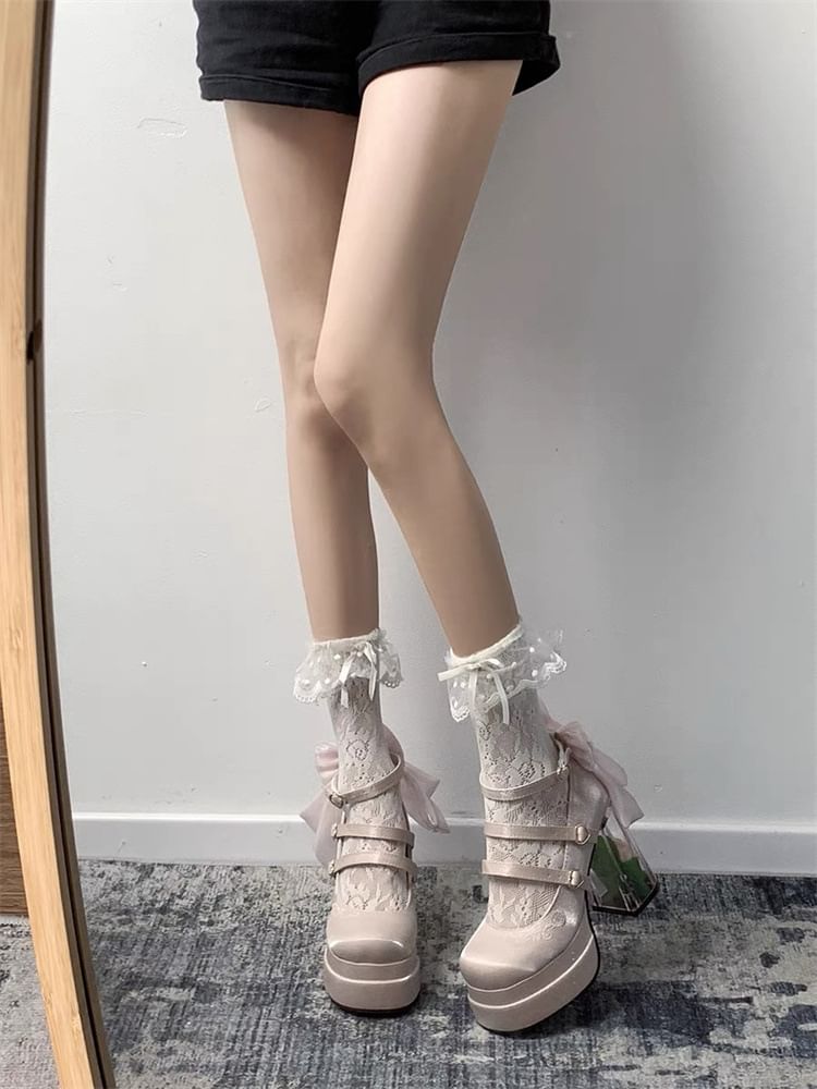 Floral Platform Heel Mary Bow Block Jane Pumps