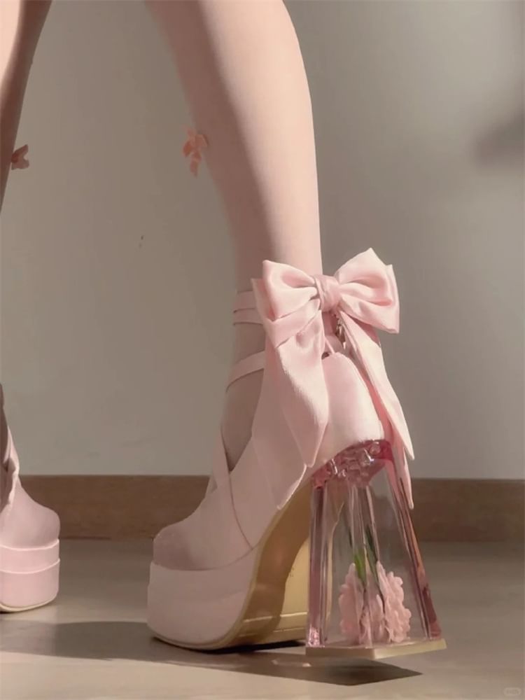 Floral Platform Heel Mary Bow Block Jane Pumps