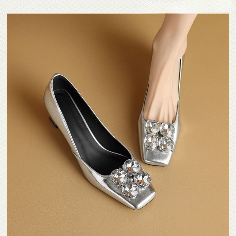 Block Pumps Heel Rhinestone Toe Square