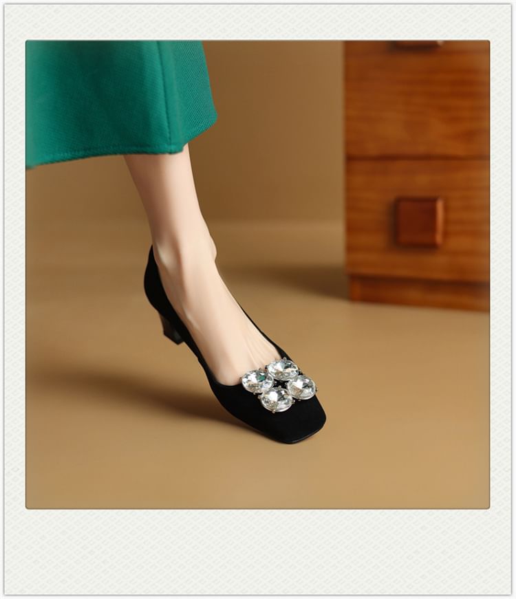 Block Pumps Heel Rhinestone Toe Square