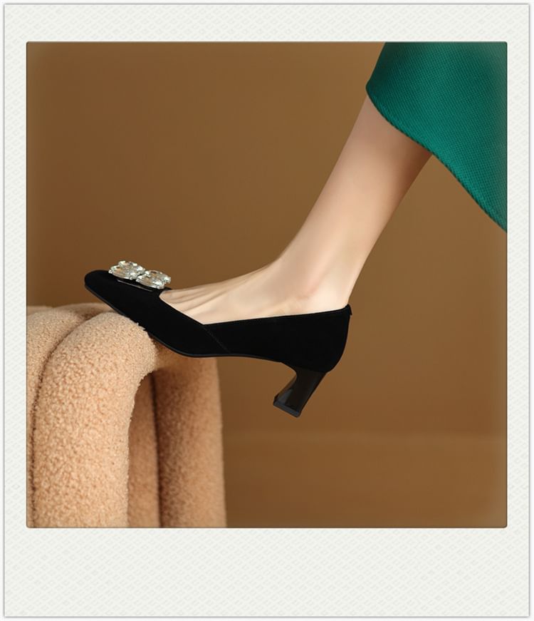 Block Pumps Heel Rhinestone Toe Square
