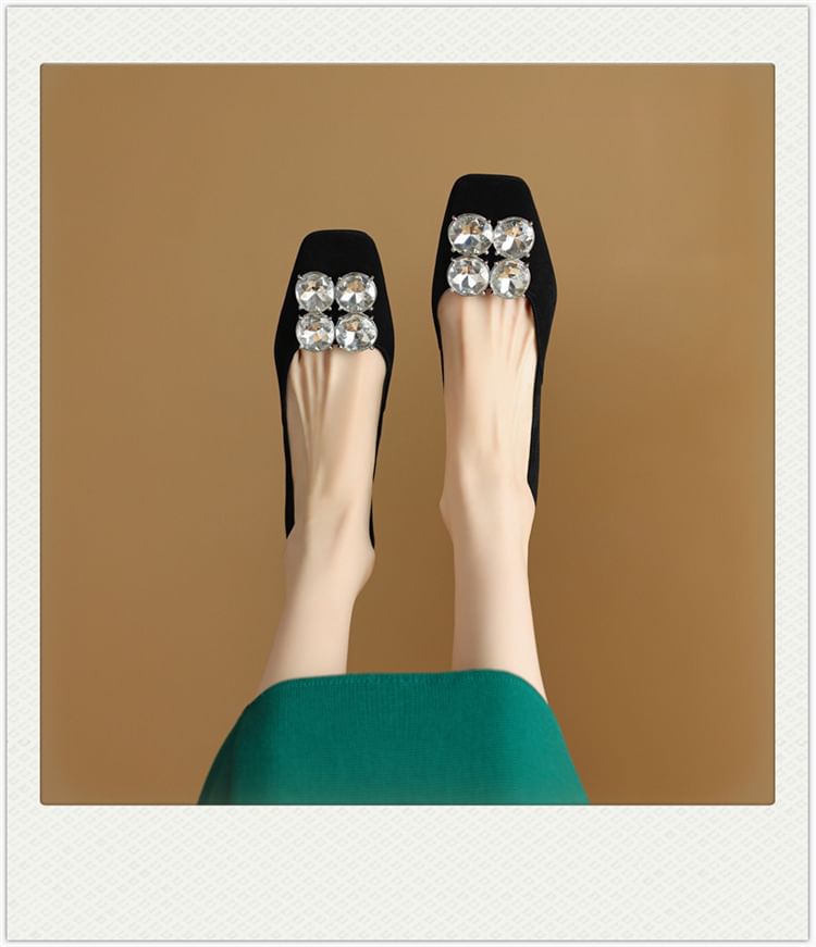 Block Pumps Heel Rhinestone Toe Square