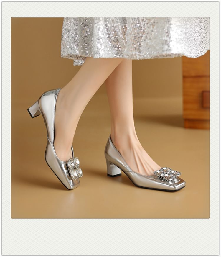 Block Pumps Heel Rhinestone Toe Square