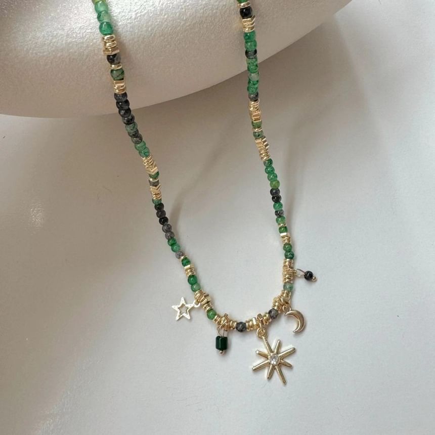 Alloy Faux Disc Gemstone / Fringed Star Bead Choker Moon Station Pendant