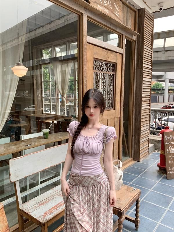 Neck Trim Fit Short-Sleeve Slim Lace Square Bow Plain Tee