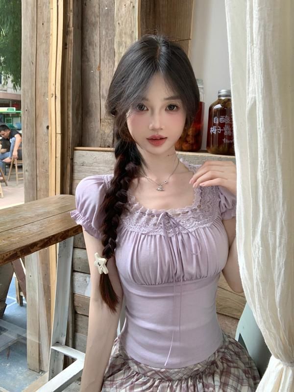 Neck Trim Fit Short-Sleeve Slim Lace Square Bow Plain Tee