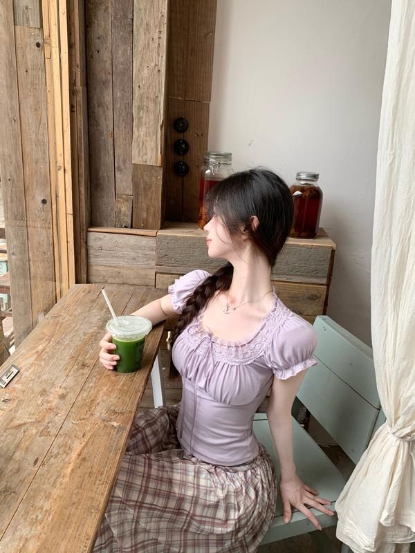 Neck Trim Fit Short-Sleeve Slim Lace Square Bow Plain Tee