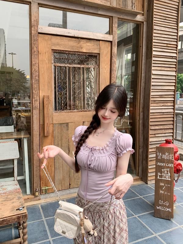 Neck Trim Fit Short-Sleeve Slim Lace Square Bow Plain Tee