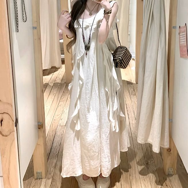 A-Line Midi Ruffle Trim Plain Sleeveless Dress Asymmetrical