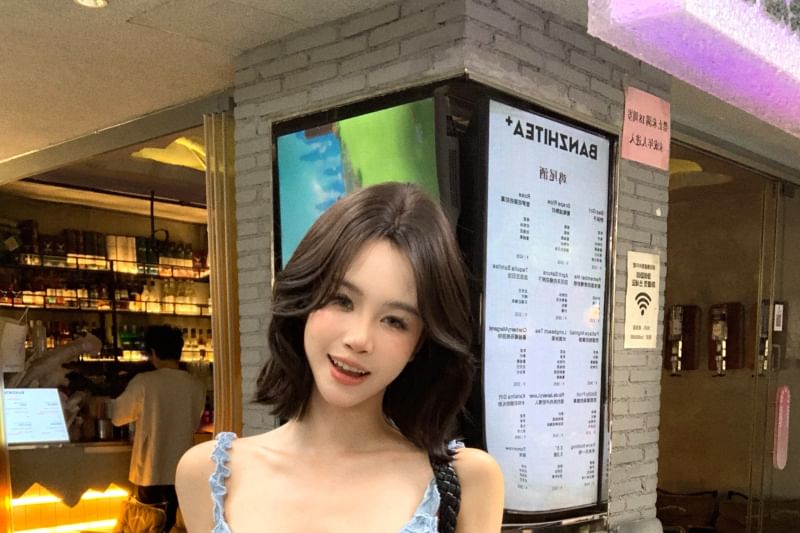 Plain Bow Bodycon Spaghetti Ruffle Mini Strap Trim Dress