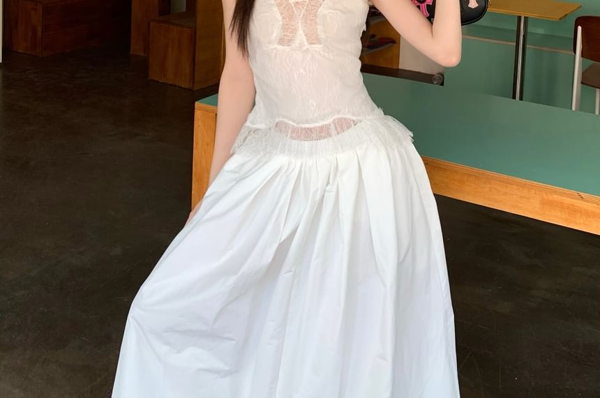 Rise Slim Plain Skirt Tank High Panel Fit Maxi Top / Lace A-Line