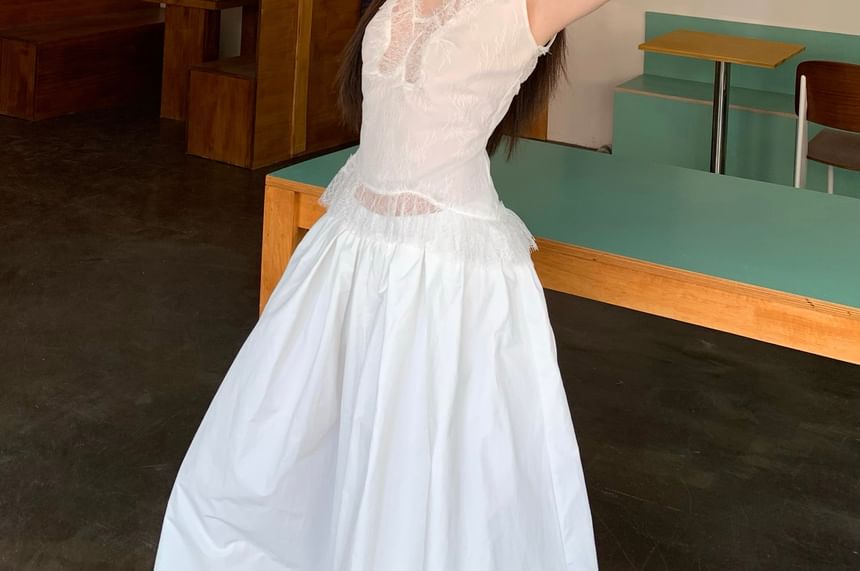 Rise Slim Plain Skirt Tank High Panel Fit Maxi Top / Lace A-Line