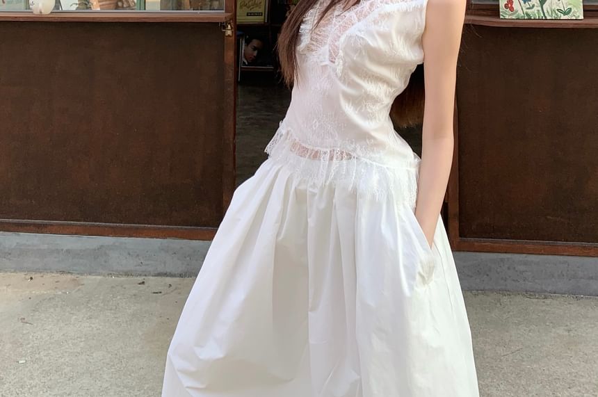 Rise Slim Plain Skirt Tank High Panel Fit Maxi Top / Lace A-Line