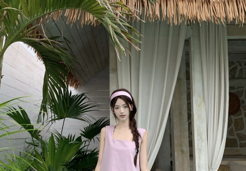 A-Line Dress Neck Asymmetrical Sleeveless Square Midi Paneled