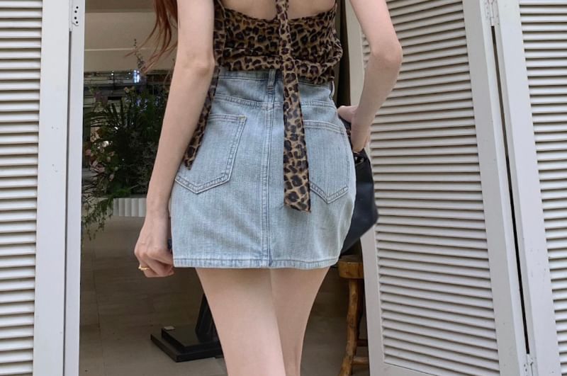 Mini Pencil Striped Denim Rhinestone High Skirt Rise