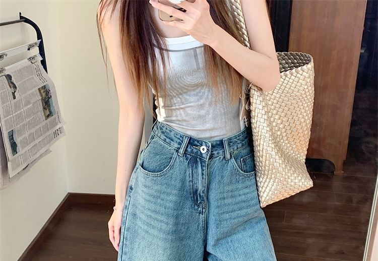 Capri Washed Jeans Leg Wide Rise High