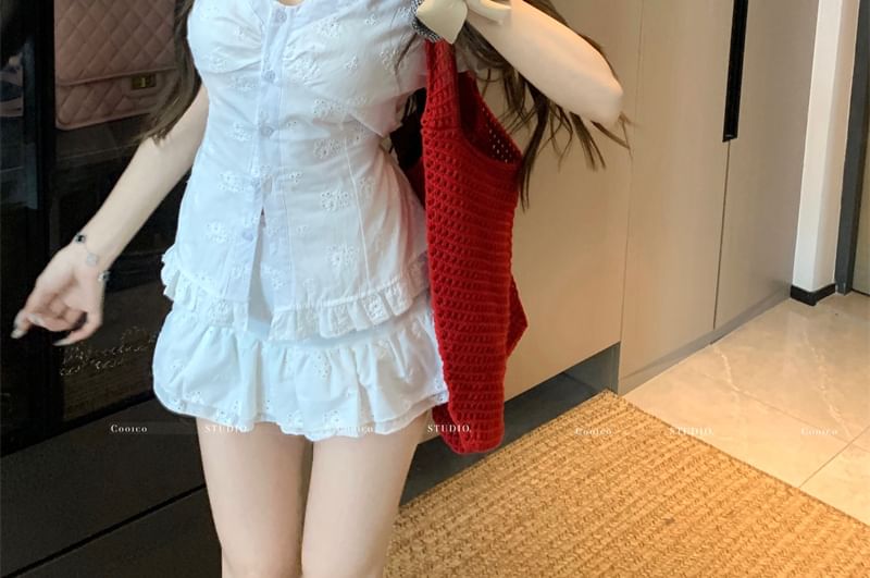 Slim Fit Rise A-Line V-Neck / Skirt High Mini Ruffle Short-Sleeve Trim Jacquard Blouse