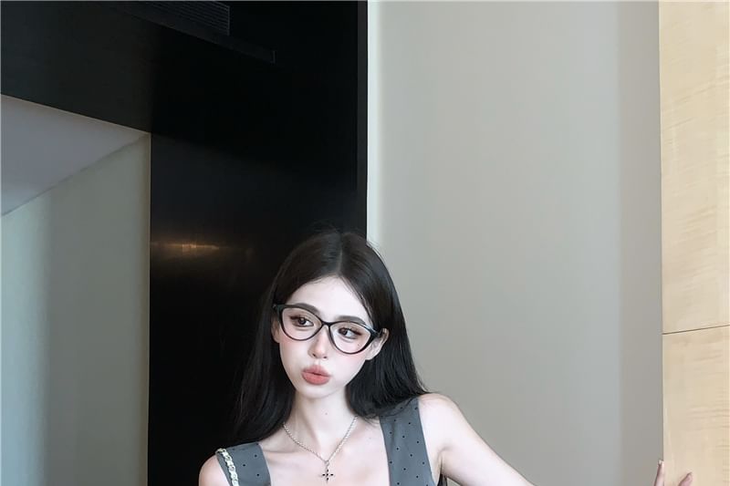 / High Neck Dotted Crop Slim Tank Fit Top Bubble Waist Square Hem Shorts